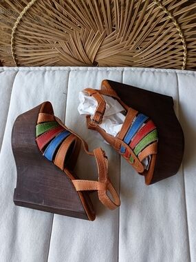 Sbicca Tan Leather Wedge Sandals with Blue, Green & Red Straps